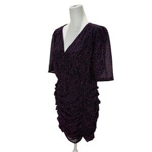 NWOT Chic Purple Speckle Print Ruched Bodycon Mini Dress, V-Neck, Short Sleeve
